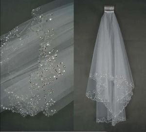 Velo da sposa semplice con pettine Bordo in nastro alla moda Corto a due strati con paillettes Lunghezza spalla Accessori da sposa Bianco/Avorio