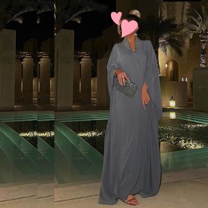 Elegante árabe saudita vestidos de noite frisado pescoço manga longa muçulmano vestido de noite cinza cetim robe de soiree para kafan