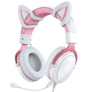 Kulaklıklar Onikuma x10 Beyaz Pembe Kedi Kulak Oyun Kulaklıkları 3.5mm Kablolu Kulaklık PS4/PS5/Xbox One/PC Gamer için RGB Işığı