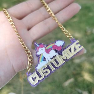 Necklaces Xinnee Custom Cartoon Animal Character Unicorn Necklace Acrylic Custom Letter Name Pendant Anime Pet Short Necklace