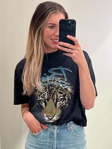 Graphic Leopard T-shirts Women Summer Clothing 2024 Vintage Aesthetic Short Sleeve T-shirt Streetwear Female Fashion Tees Tops Oversized
