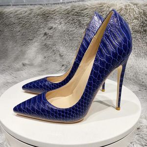 Модельные туфли Темно-синие женские туфли-лодочки без шнуровки с узором под крокодила, высокий каблук с острым носком, размер 33-45