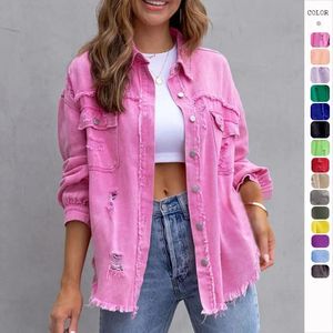 Damenjacken Mode zerlumpte und zerrissene Jeansjacke Frauen Frühling Herbst Revershemd Jeancoat Casual Top Rose-Rot Lila Oberbekleidung Dame