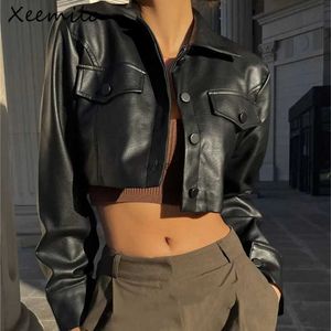 Women's Jackets Xeemilo Autumn Faux Leather Short Jacket Y2K Turn-down Collar Fashion Botton Decoration PU Coat 2022 Grunge Street Casual Coats