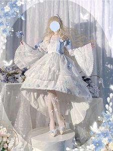 Vestidos casuais doce cinza azul borboleta flor casamento lolita princesa vestido mulheres pesada indústria masquerade bola elf fada cosplay
