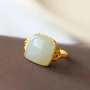 Cluster Rings Strange Ancient Gold Craftsmanship Natural Hetian White Jade Square Opening Adjustable Ring Exquisite Charm Ladies Jewelry