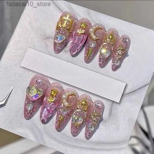 Unhas Falsas Artesanais Rosa Brilhante Y2K Unhas Falsas Com Cola Destacável Luxo Dicas de Unhas Postiças Imprensa Reutilizável em Unhas Caixão Manicure Art Q240122