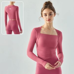 Sports Top Autumn and Winter Women's Nylon Fake Two-Piece Slim Fitness Stretch Stretch Breattable Yoga med logotyp LL Tight Long Hleeves