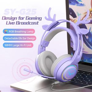 Microphones New Syg25 Antlers Pink Cute Wired Gaming Headphones Hd Microphone 3d Space Sound Rgb Lighting Laptop Headset