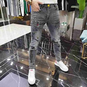 designer Men's Jeans four seasons European fashion men's heavy industry tiger hot Diamond Fashion grey slim pants Q3U9