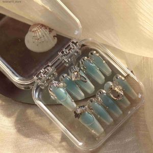False Nails 10st Ny design högkvalitativ handgjorda mode god kvalitet blå lång kista falska naglar glitter diamant naglar tips q240122