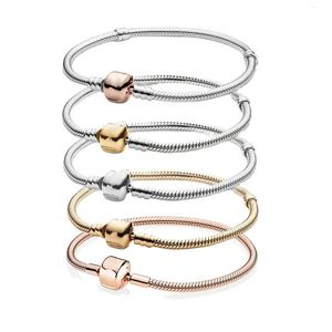 PAN 925 Sterling Silver Bracelet For Women Girl Fit Original Charms Beads For Jewelry Making Rose Gold Bangle Square Clasp 240118