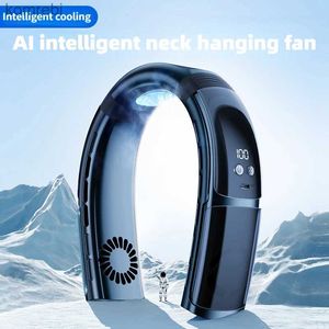 Elektriska fläktar Ny bärbar AI SMART NECK FAN USB RECHARGABLE Digital Display Electric Bladless Fans Air Cooler Camping 360 Runt Windl240122