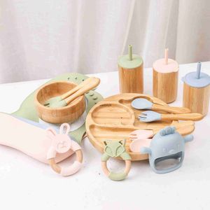 Bardak Bulaşık Maddeleri 7 PCS/SET LDREN'S SAFABA Bebek Kase Tabağı Çatal Kaşık Bardağı Besleme Besleme Gıda Bambu Takım Silikon Emme Cupvaiduryb