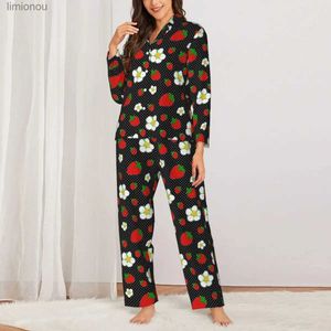 Women's Sleep Lounge Cute Fruit Flower Pajamas Woman Red Strberry Dots Print Bedroom Nightwear Autumn 2 Piece Retro Oversized Custom Pajamas SetL240122