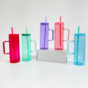 Wholesale DIY blank sublimation clear transparent jelly colored 20oz skinny straight tall glass camper coffee mugs with handle for UV DTF wraps,sold by case