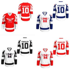 MUSTANGS Hockey Jersey 10 Youngblood Filme Rob Lowe Costurado Filme Hóquei Jerseys Tudo Costurado Branco Vermelho Azul Frete Grátis