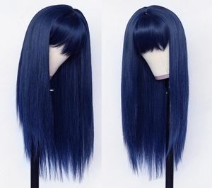 Long Silky Straight Synthetic Wig Full Neat Bangs Blue Pink Color Cospaly Party Hand Tied None Lace Wigs Heat Resistant Fiber for 3750233