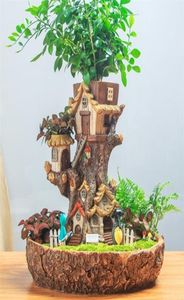 Moderner Feengarten-Topf, Miniatur-Stumpfharz-Blumen-Cartoon-Baumhaus-Skulptur, Sukkulenten-Übertopf, Balkonpflanze, Blumentopf Y2007239297566