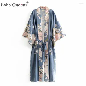 Kvinnors badkläder Boho Queens Women Floral Print Sashes Bohemian Robe Ladies V Neck Batwing ärmar Happie Maxi Kimono Cover-ups