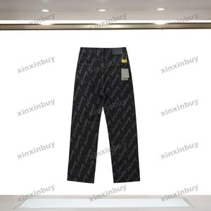 Xinxinbuy 2024 Homens Mulheres Designer Jeans Pant Paris Cursiva Carta Jacquard Calças Casuais Preto Azul Cinza S-2XL