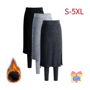 Capris Fake 2pc Culottes Taytlar Kadınlar Sıcak Kış Tayt Termal Pantolon Etekleri Polar Leggins Swearpants Artı Boyut Giysileri Bacak Isıtıcıları