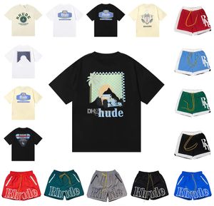 24SS RHUDE MENS T 셔츠 반바지 반바지 고품질 테스 디자이너 캐주얼 패션 짧은 슬리브 유럽 미국 남성 여성 둥근 목 T 셔츠 및 짧은 미국 크기 S-XL