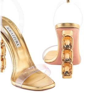 Elegant Aquazzura Aura Kvinnor Sandaler skor Ankle Strap Crystal-Errusted High Heels Lady Wedding Dress Lady Gladiator Sandalias Storlek 35-43 Original Box