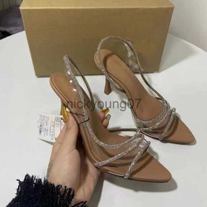 Sandals ZA Shoes New Nude Pointed-Toe Women's With Transparent Rhinestone Bright Decoration Shallow Mouth Fashion Sandals For WomenJ240122