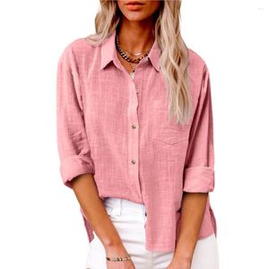Women's Blouses Women Simple Patch Pockets Shirt Autumn Fashion Loose Long Sleeved Turn-down Collar Buttons White Office Ladies