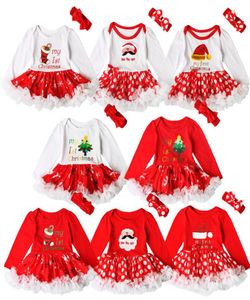 Baby Girls Świąteczne druk czerwony sukienki 2ps Zestawy szydełkowane łuk opaska na wzór romper niemowlęta pierwsze świąteczne prezenty urocze out7177820