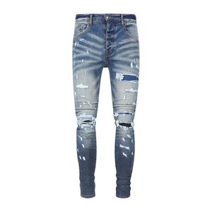 AmirsМужские джинсы Новые модные темно-синие мужские джинсы с искусственной перфорированной нашивкой