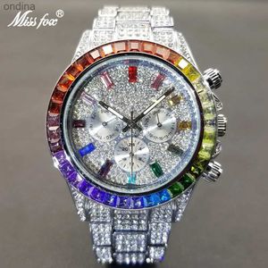 Other MISSFOX Hip Hop Men Luxury Iced Out multicolor Diamond Fashion Silver Stainless Steel Dive Week Display Clock YQ240122