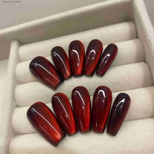 False Nails 10 pcs Deluxe Press On Nails Aurora Red Cat Eye Simple Dark Mystery Original Design Handmade Fake Nails Reusable Q240123