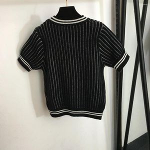 T-shirt da donna L14 Primavera 2024 Top lavorato a maglia manica corta girocollo Pit Striped Lettera Ricamo Casual Pendolare Nero Bianco S-L