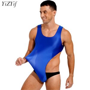 Wear Men Solid Color Glossy Sleeveless High Cut Sport Bodysuit Mankini Swimwear OnePiece Swimsuit Gym Bodybuilding Workout Playwear