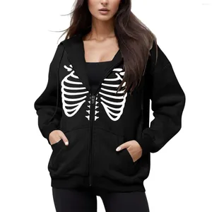 Damen Hoodies Skelettmuster Kapuzenpullover Mädchen Herbstjacke Übergroßes Sweatshirt Lässige Kordelzugkleidung Reißverschluss Streetwear mit Taschen