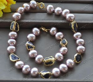 Halsband Z12514 Set 20mm Lavender Egg Shell Pearl Barock Amethyst Guldplatat halsbandsarmband