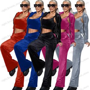 Women's Two Piece Pants Velvet Tracksuit Women Solid Color Zipper Fashion Casual Sports Three-Piece Set Hoodie Jacket Vest Top High Waist Pants T240122