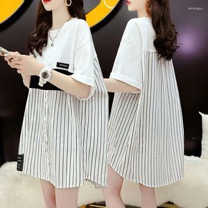 Damen-Nachtwäsche Design Sense Stripe Stitching Langes T-Shirt Frauen Kurzarm Sommer Koreanische Version von Loose Casual Half-Sleeve Top Tide
