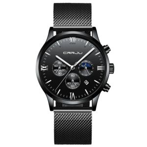 Crrju Mens Chronograph Relógio de quartzo preciso Moda simples, vestido casual, aço inoxidável, 30M diário à prova d'água, exibição de data da Caijia