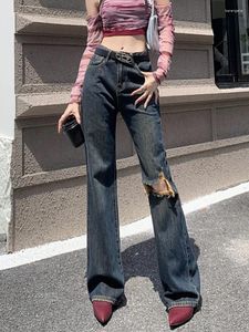 Women's Jeans GUUZYUVIZ American Style Vintage Denim Bootcut Pants Women Fashion High Waisted Ripeed Hole Flare Femme