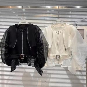 Summer och Spring Retro Women's Coat Leather Pu Bubble Mesh Perspektiv Långärmar Bomber Jacka dragkedja Kort kappa 240123