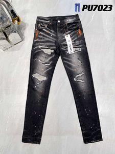 Lila Jeans Designer Stack Herrenhose zerrissen High Street Patch Loch Denim gerades Bein Mode Hip Hop Kleidung 35