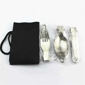 Camp Kitchen Tragbares Geschirr-Set aus Edelstahl, faltbar, Löffel, Gabel, Messer mit schwarzer Tasche, 3-in-1-Besteck-Set, Camping-Picknick-Geschirr-Set YQ240123