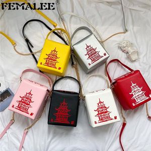 Women Mini Size Bucket Handbag Novelty Cute Red Iron Tower Printing Shoulder Tote Creative Chinese Style Chain Messenger Bag Q12082802