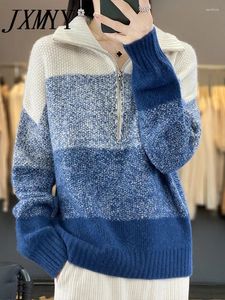 Kvinnors tröjor JXMYY 2024 Höst- och vinterlös färg som matchar hög krage tröja med halv blixtlås kashmir för kläder