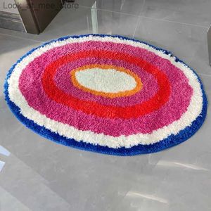 Carpet Rainbow Cake Tufted Rug Oval Carpet Room Retro Rainbow Fluffy Anti-Slip Bath Bathroom Rug Nonslip Mat Home Decor Q240123