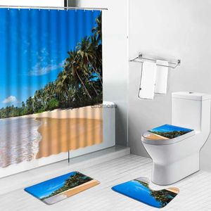 Tende da doccia Ocean Beach Tree Summer Scenery Set tenda da doccia Paesaggio marino Tende da bagno Tappeti antiscivolo Copri coperchio WC Tappetino da bagno