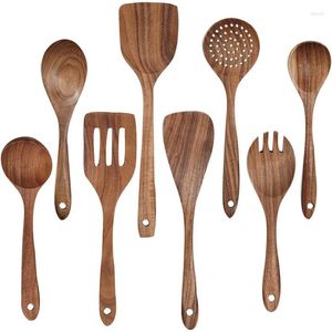 Tigelas de utensílios de madeira para cozinhar feitos de madeira de teca natural - Conjunto de utensílios de cozinha luxuoso de 8 peças